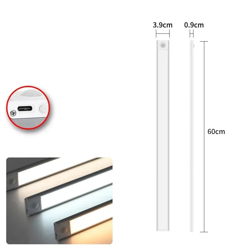 Luminária de LED com Sensor de Presença – 3 Modos de Luz, Recarregável via USB-C – Para Armários, Cozinhas e Ambientes Escuros