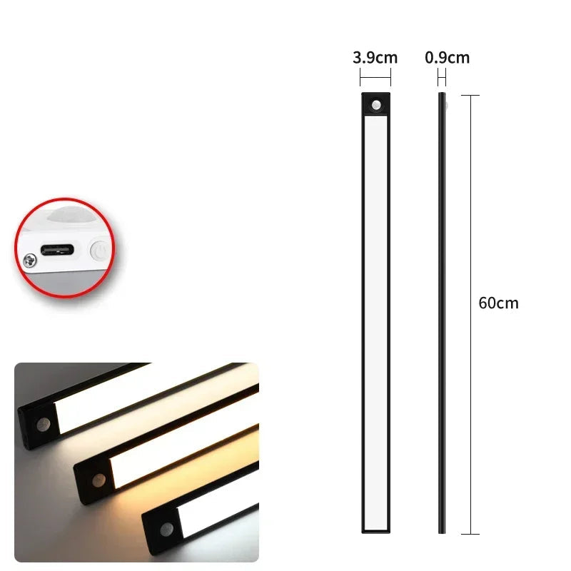 Luminária de LED com Sensor de Presença – 3 Modos de Luz, Recarregável via USB-C – Para Armários, Cozinhas e Ambientes Escuros