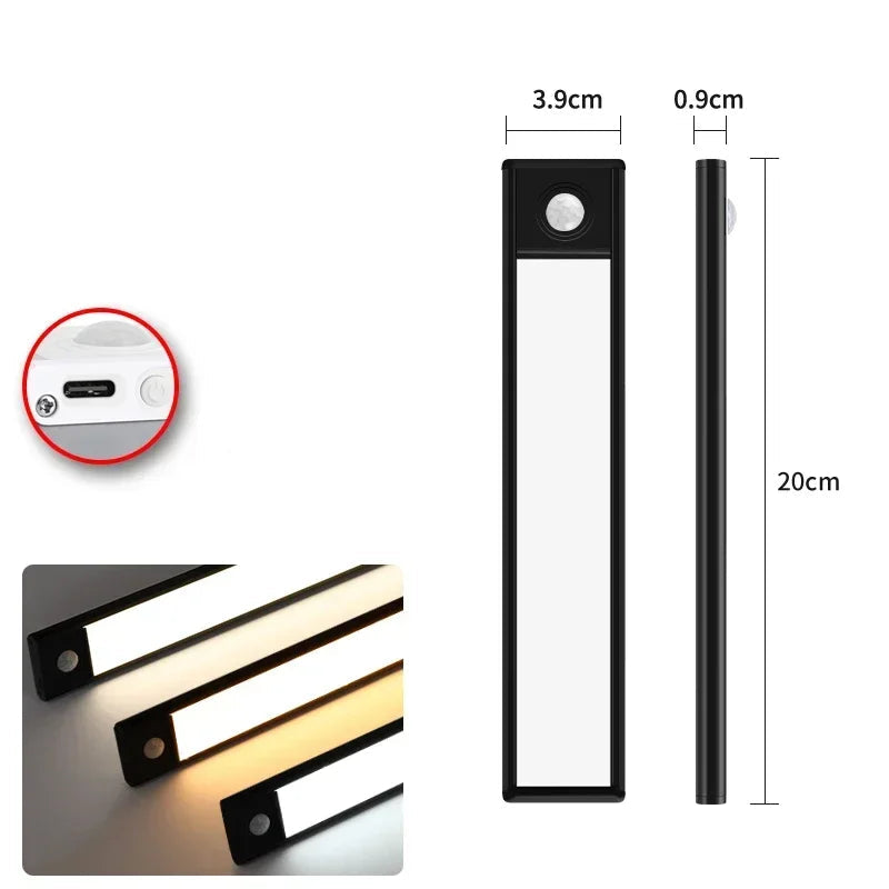 Luminária de LED com Sensor de Presença – 3 Modos de Luz, Recarregável via USB-C – Para Armários, Cozinhas e Ambientes Escuros