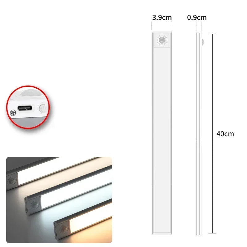 Luminária de LED com Sensor de Presença – 3 Modos de Luz, Recarregável via USB-C – Para Armários, Cozinhas e Ambientes Escuros
