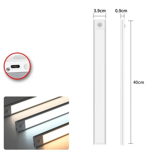 Luminária de LED com Sensor de Presença – 3 Modos de Luz, Recarregável via USB-C – Para Armários, Cozinhas e Ambientes Escuros