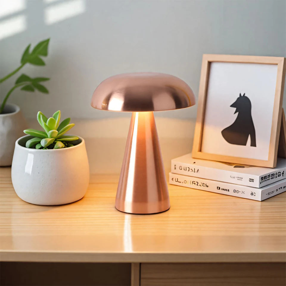 Luminária de Mesa Cogumelo em Metal – Design Moderno com Toque Retrô e Iluminação Aconchegante