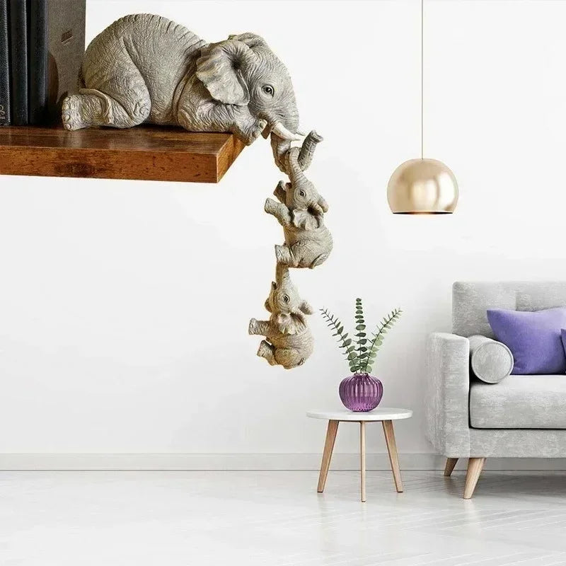 Conjunto com 3 Elefantes Decorativos em Resina – Mãe e Filhotes