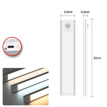 Luminária de LED com Sensor de Presença – 3 Modos de Luz, Recarregável via USB-C – Para Armários, Cozinhas e Ambientes Escuros
