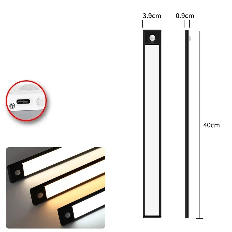 Luminária de LED com Sensor de Presença – 3 Modos de Luz, Recarregável via USB-C – Para Armários, Cozinhas e Ambientes Escuros